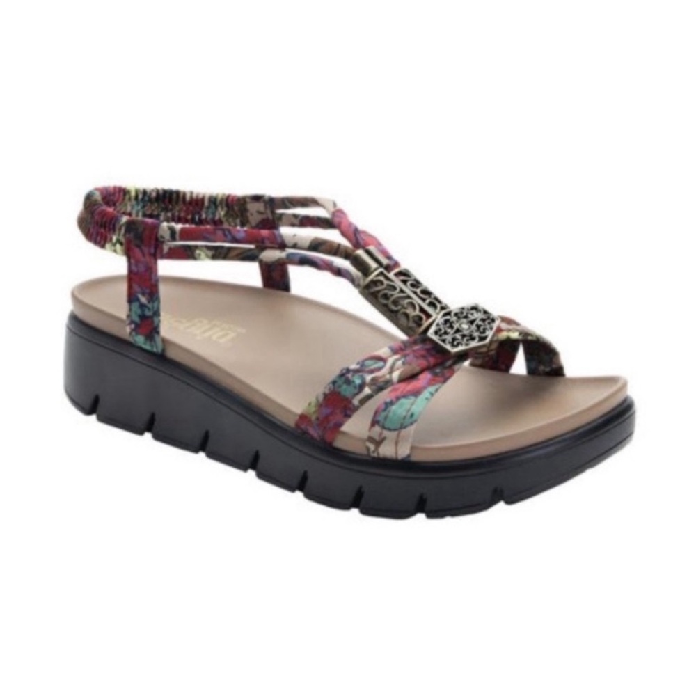 ALEGRIA Roz Get Away Tan Tropical Print Slingback Platform Sandals 37/7-7.5 Boho
